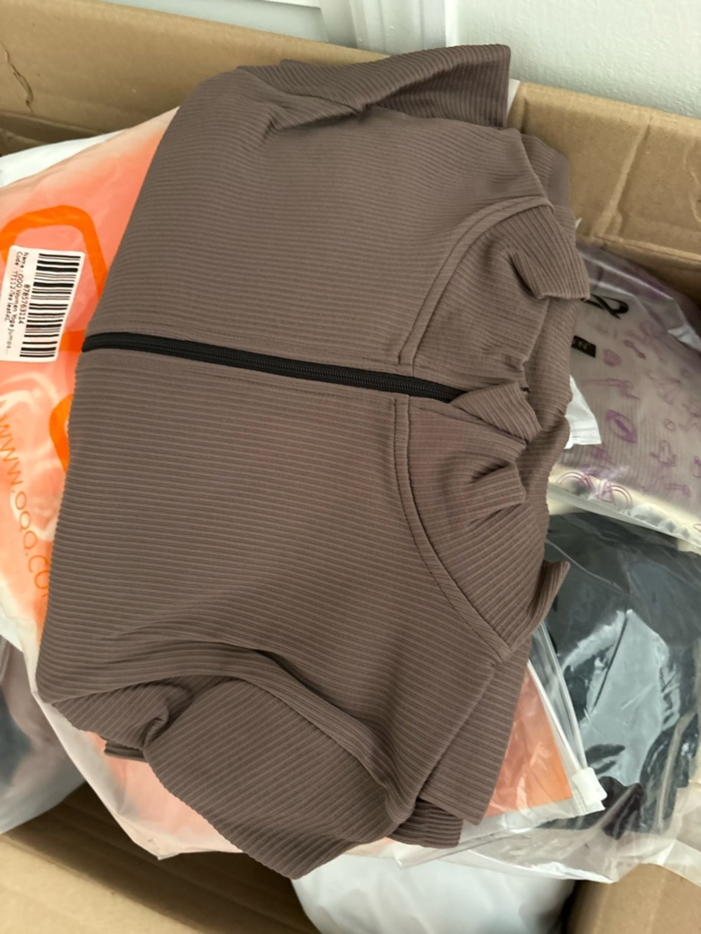 Ribbed Brown Leggings Jumpsuit with Front Zip - Picture 2 of 3